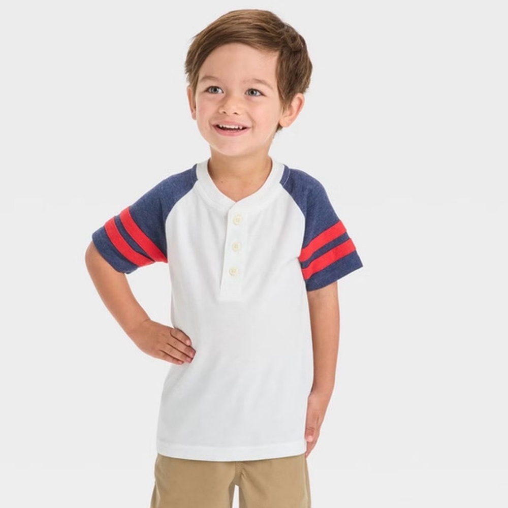 OshKosh B'gosh White Tee with Blue Sleeves and Red Stripes